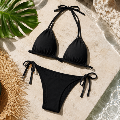 Bikini Nero Minimal con Laccetti Regolabili