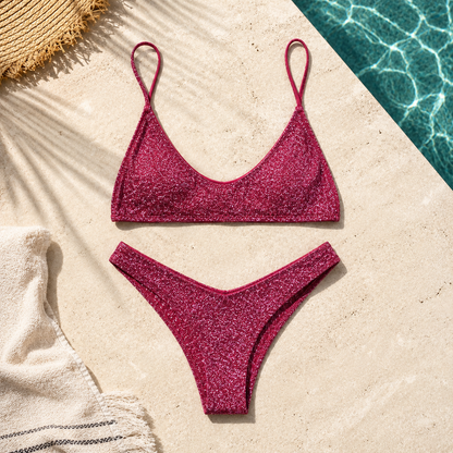 Bikini Glitter Magenta Elegante da Donna – Due Pezzi Luminoso per Spiaggia, Piscina e Vacanze