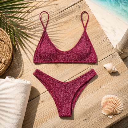Bikini Glitter Magenta Elegante da Donna – Due Pezzi Luminoso per Spiaggia, Piscina e Vacanze