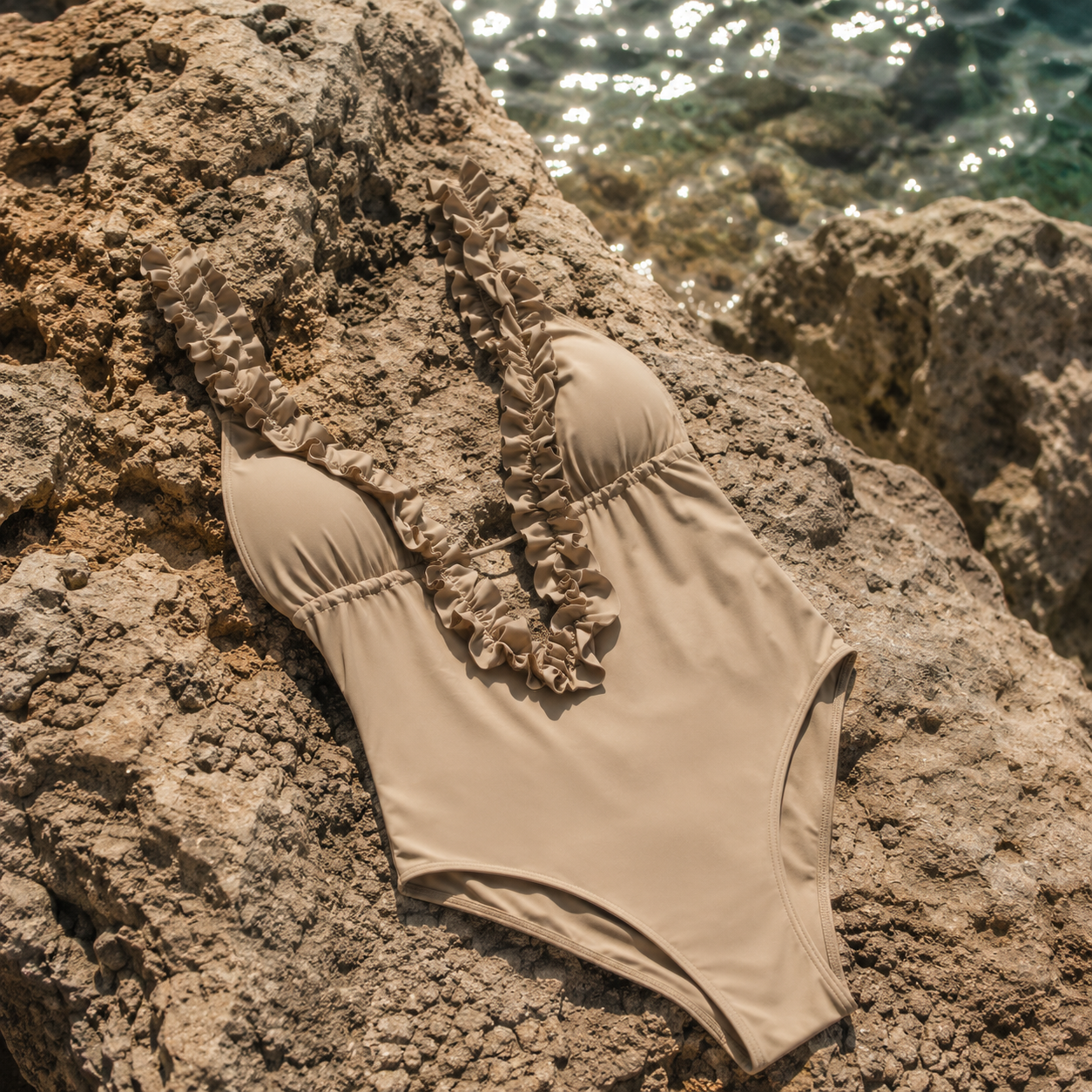 Costume Intero Beige con Volant – Eleganza Naturale e Stile Raffinato per l’Estate
